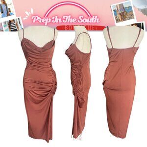 Mocha Brown Cowl Neck Formal Rouched Maxi Dress S